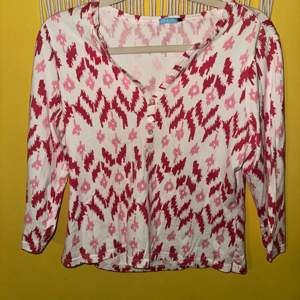 J. McLaughlin‎ Pink V-Neck 3/4 Sleeve Casual Boho 100% Cotton Top Size Large